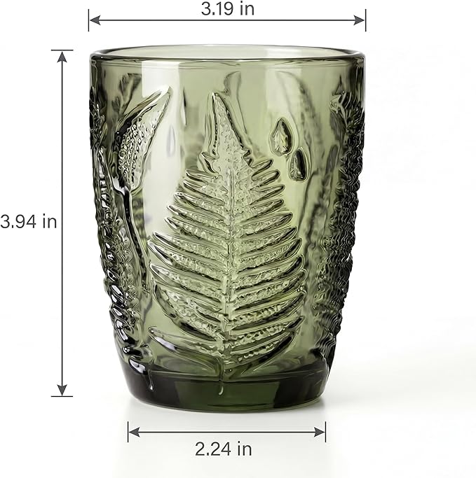Green Drinking Glasses Set of 8, 10 oz Glass Cups, Vintage Fern Glassware | - Image 4