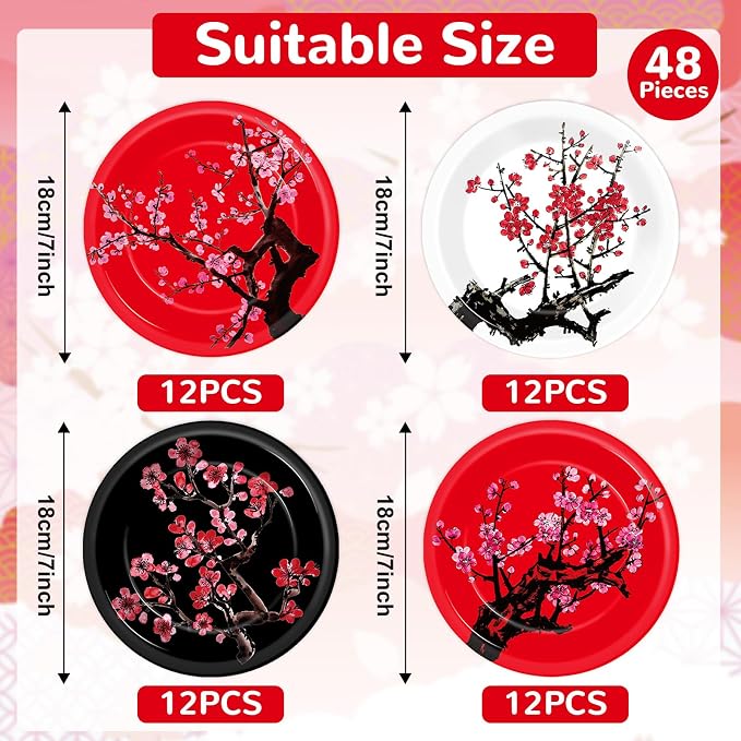 48Pcs Hibachi Party Decorations Supplies Cherry Blossom Dinnerware Disposable - Image 2