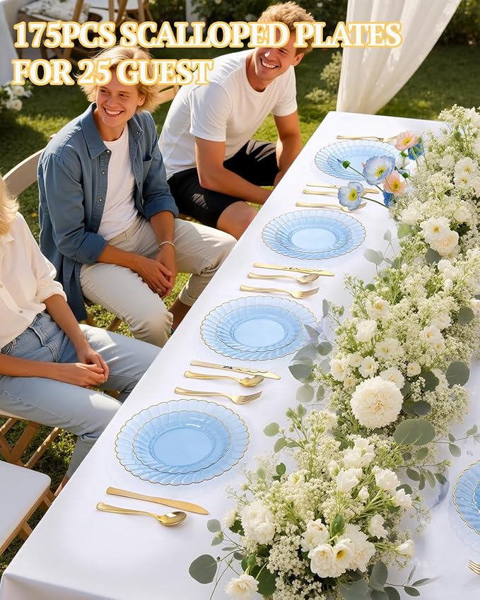 YOUBET 175PCS Clear Blue Scalloped Plastic Plates - Blue and Gold Disposable Dinnerware Set Include 50 Plates, 75 Gold Silverware, 25 Cups, 25 Napkins for Party & Wedding & Baby Shower