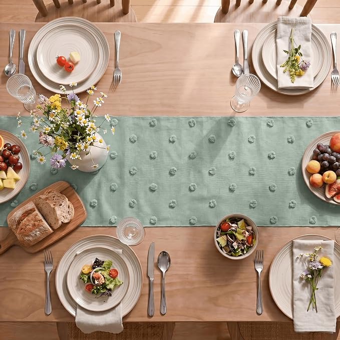 Artoid Mode Sage Green Pom Pom Tulle Table Runner, Seasonal Spring Washable - Image 3