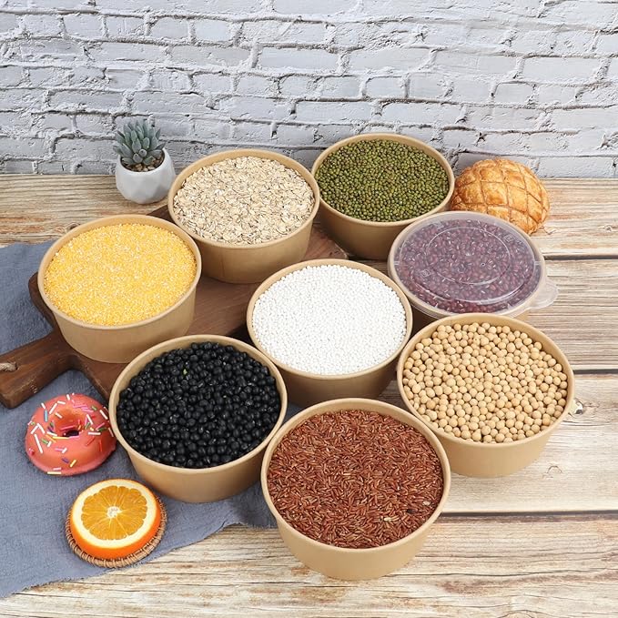 25 oz Disposable Kraft salad paper bowls with lids, Food containers Soup Bowls Party Supplies Treat Bowls 50 Pack