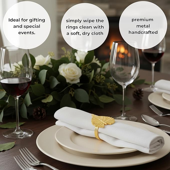 CLEENTABLE Elegant Handcrafted Leaf Napkin Rings - Set of 12 Premium Aluminum Holders for Dinner Parties, Weddings, Special Occasions & Everyday Dining (Gold)