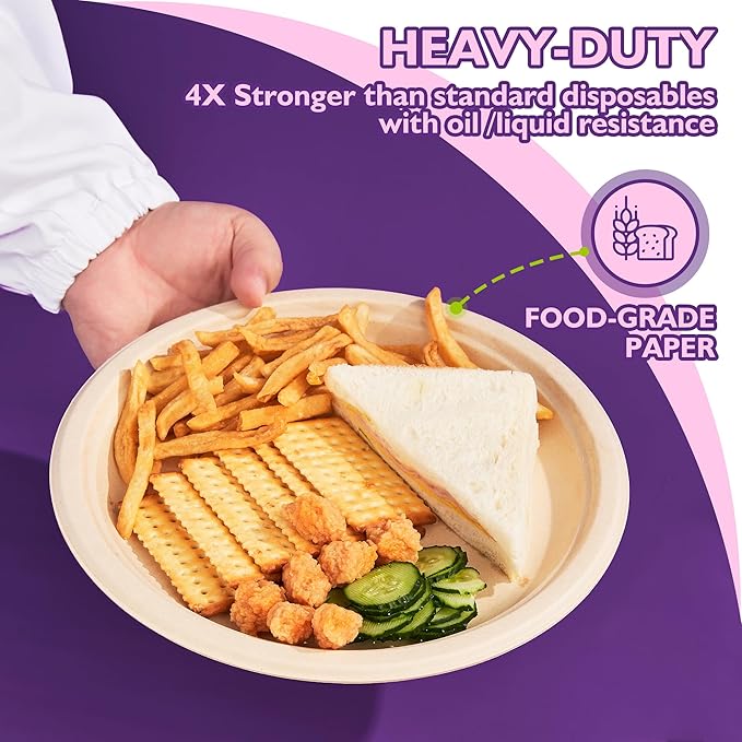 10 Inch, 150 Pack Compostable Paper Plates Round Unbleached Brown Plates Made from Natural Sugarcane Fibers, Biodegradable Heavy Duty Disposable Plates for Party, Camping, Picnic