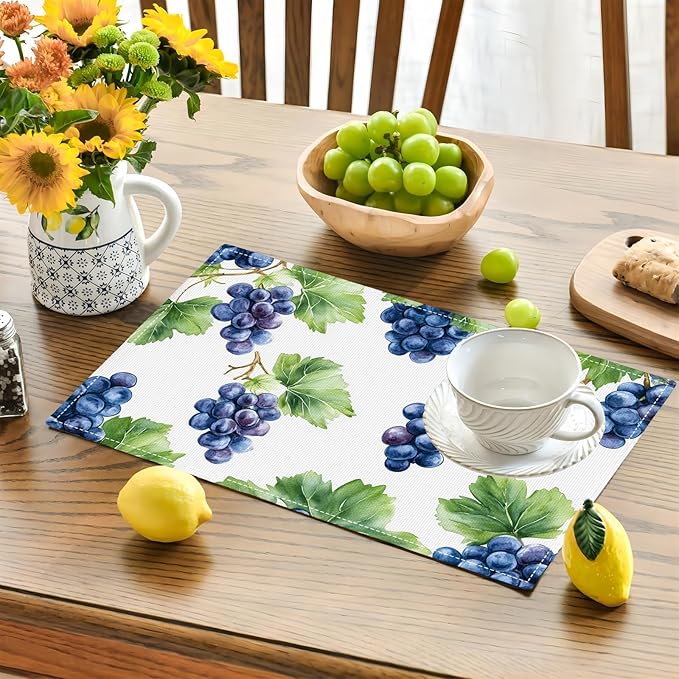 Grape Placemats Set of 4, Blue Grapes Place Mats, Fruit Waterproof Washable Table Mats for Home Party Indoor Kitchen Dining Table Decoration 12x18 Inch