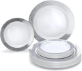 OCCASIONS 240 Plates Pack,(120 Guests) Heavyweight Premium Wedding Party Disposable Plastic Plates Set -120 x 10.5'' Dinner + 120 x 7.5'' Salad/Dessert (Linen White & Silver)