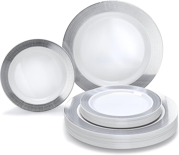 OCCASIONS 240 Plates Pack,(120 Guests) Heavyweight Premium Wedding Party Disposable Plastic Plates Set -120 x 10.5'' Dinner + 120 x 7.5'' Salad/Dessert (Linen White & Silver)