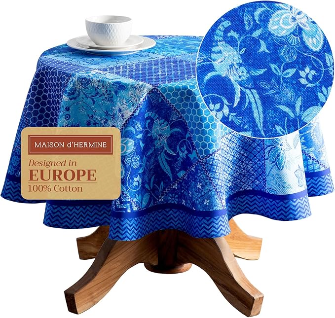 Maison d' Hermine Table Cloth Round Table 100% Cotton 69 Round Inches Tablecloth Reusable Decorative for Dining Room Farmhouse Home Valentines Day Decorations Spring Summer - Indigo Love