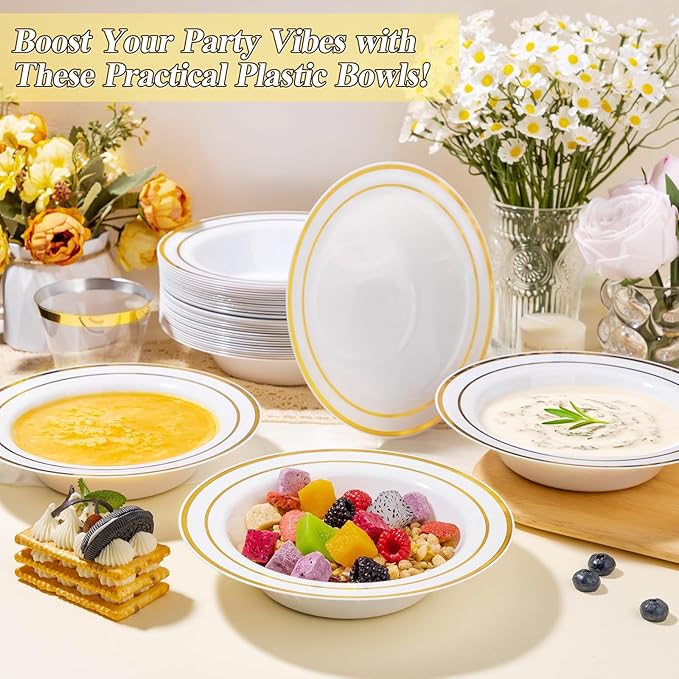 BESTSTAR 50 Pack Disposable Soup Bowls with Gold Rim, 12oz Premium Heavy Duty Plastic Dinner Bowls for Party, Wedding and Holiday