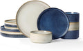Famiware Star Dinnerware Set, Plates and Bowls Sets for 4 (12pcs), Ribbed Stoneware Dishes - Chip & Scratch Resistant, Microwave & Dishwasher Safe, Multicolor - Cappuccino White & Nebulas Blue