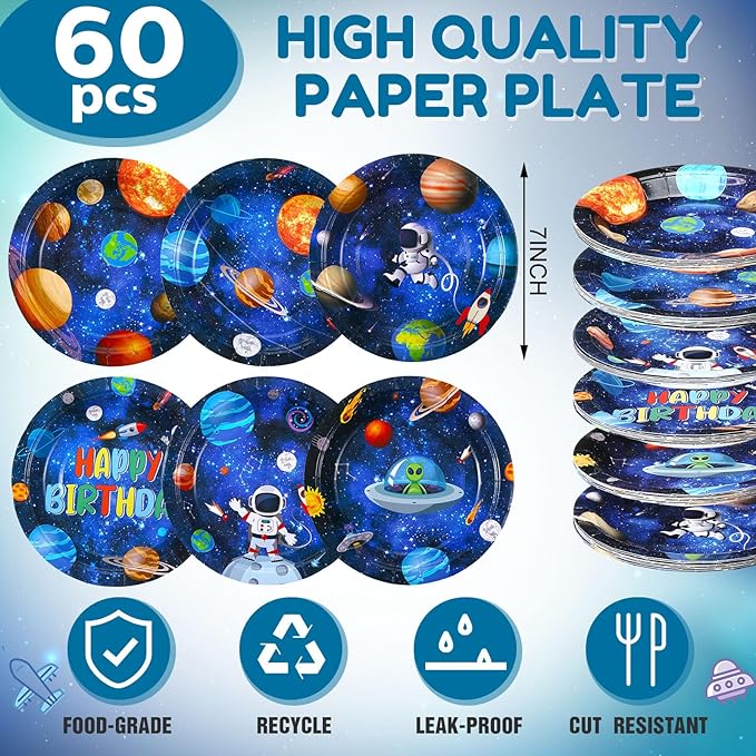 60 Pcs Outer Space Birthday Party Supplies 7 Inch Solar System Paper Plates Astronaut Dessert Plates Space Theme Party dishes for Birthday Baby Shower Decorations