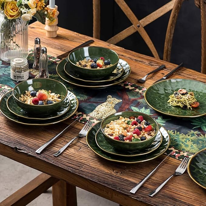 vicrays Ceramic Dinner Plates Set, 10.5 Inch, Set of 6, Round, Microwave, Oven, Dishwasher Safe, Scratch Resistant, Porcelain Fluted Suitable for Steak, Pasta, Pizza, Home, Restaurant, Green