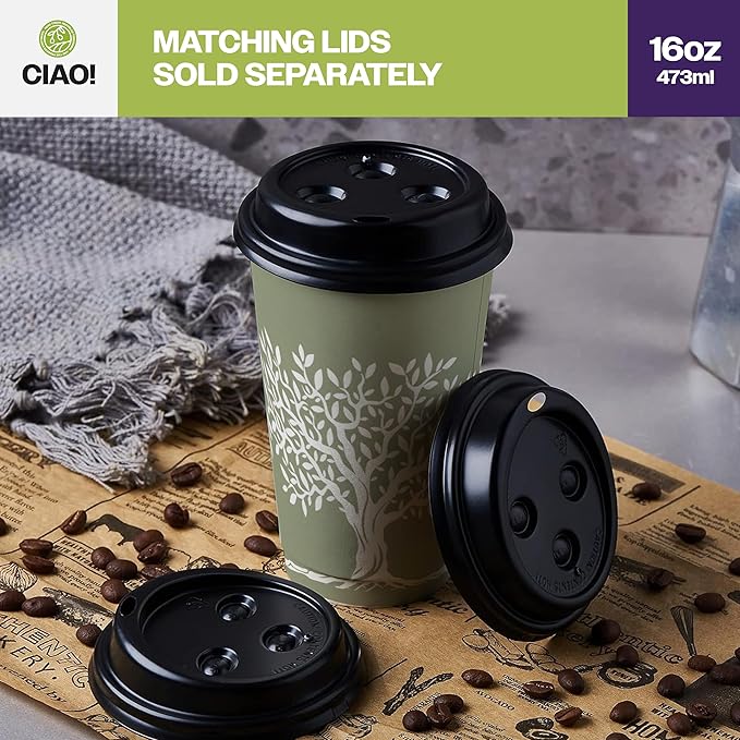 CIAO! 16oz Paper Hot Cup, Rooted Olive Print, (Case of 1,000)