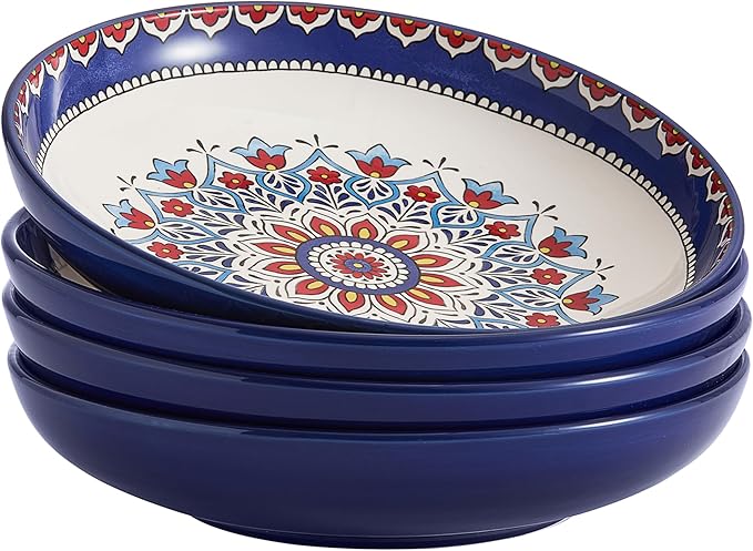 Bico Boho Totem Pasta Bowls, 35oz Salad Bowl Set of 4, Large Ceramic Serving Dinner Bowls for Soup and Cereal, Microwave and Dishwasher Safe, Gift for Housewarming and Thanksgiving