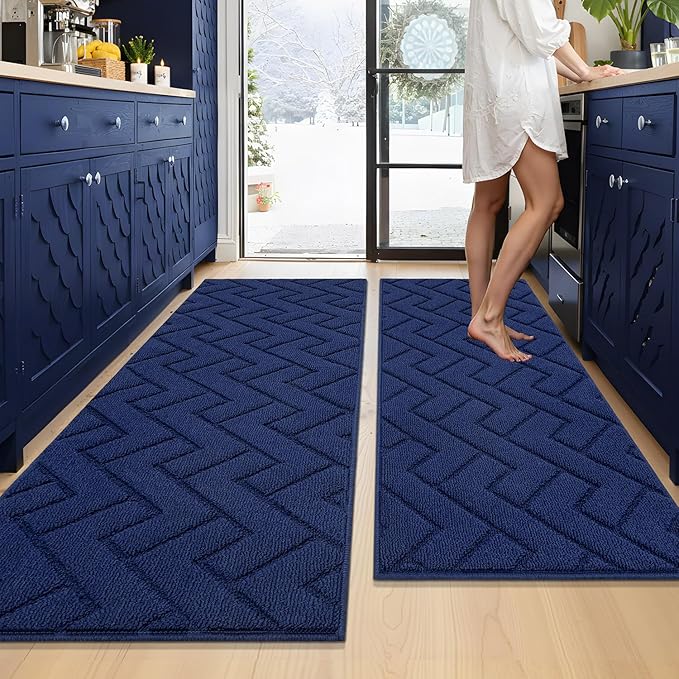 hicorfe Kitchen Rugs and Mats Sets,Non-Slip 2 Pieces Absorbent 100% Polypropylene Rug,Comfort Kitchen Runner Mat,Washable for Kitchen,Sink,Laundry(20" x 48" Plus 20" x 59",Navy Blue)