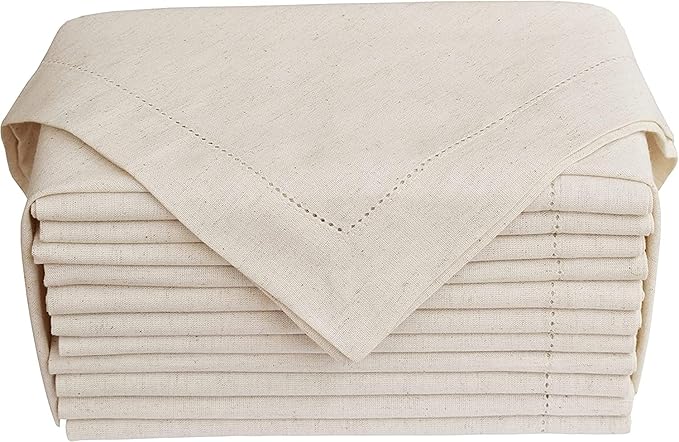 Flax Linen Christmas Cloth Napkins Set of 12 - Washable and Reusable Hemstitched Dinner Cloth Napkins Everyday, Hotel, Events, Parties, Christmas Napkin Cloth 18x18 Inch Natural Color