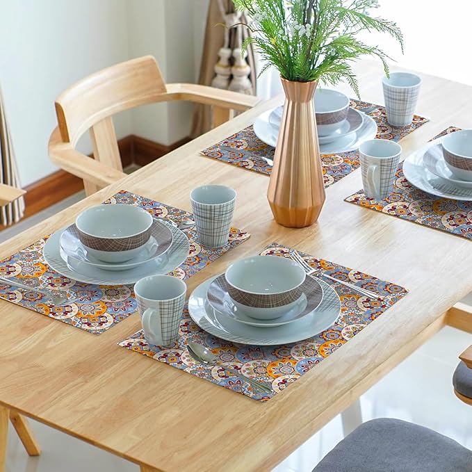 Boho Floral Placemats for Table - Bohemian Flowers Place Mats Set of 4 Beige Blue Place Mat 12x18 for Party Kitchen Dining Home