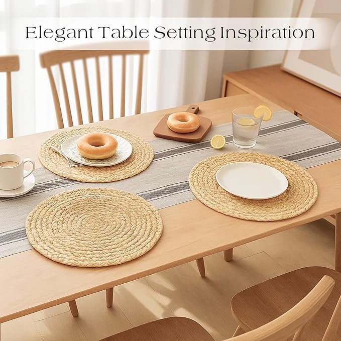 12” Woven Round Placemats Set of 4, Natural Water Hyacinth Braided Table Mats with 4 Wood Bead Napkin Rings, Washable Boho Farmhouse Rattan Place Mats for Home, Outdoor, Table Decor, Dinning, Wedding