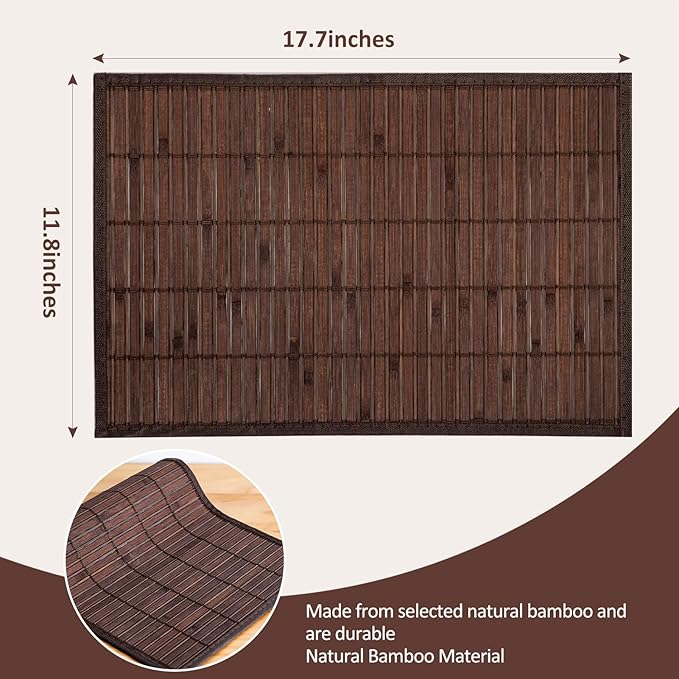 Bamboo Placemats Set of 4 Rectangular Natural Bamboo Table Mats for Dining Kitchen Table Protection Heat Resistant 17.7" W x 11.8" L Dark Brown