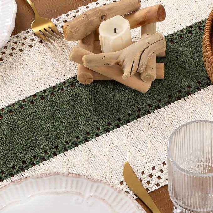 DeZerlor Ivory&Olive Green Boho Macrame Farmhouse Woven Table Runner 60Inch | - Image 7