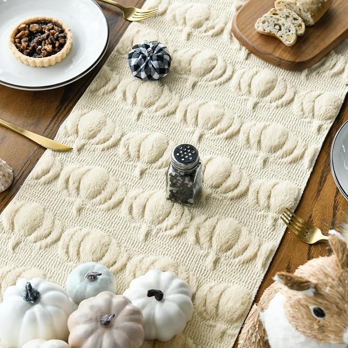 Artoid Mode Beige Soft Faux Fur Pumpkins Fall Table Runner 13x48 Inch | - Image 4
