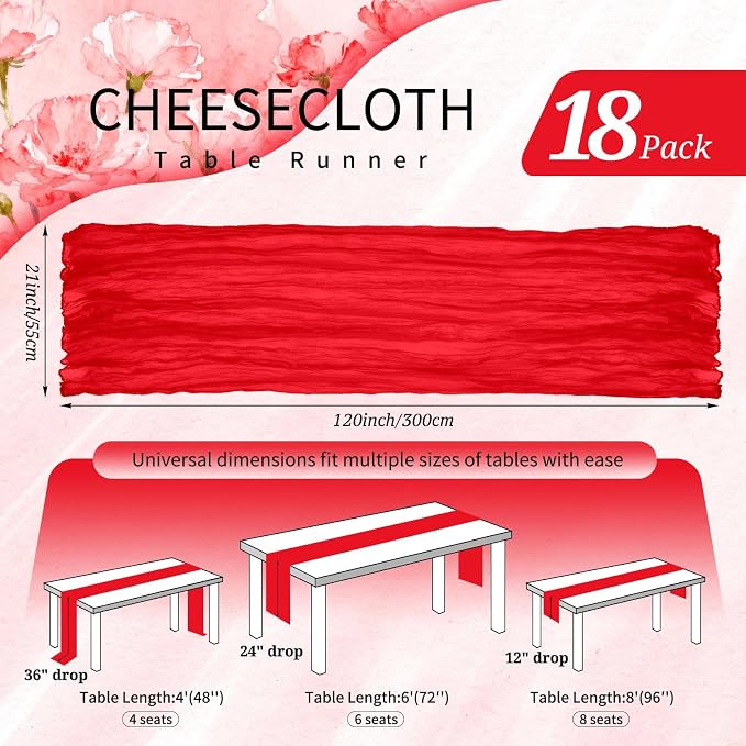 18 Pack Cheesecloth Table Runner 10FT Red Table Runner Boho Gauze Cheese Cloth - Image 2