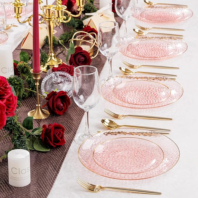Rubtlamp 60 Pcs Pink Gold Plastic Plates, Gold Hammered Disposable Salad Plates, 7 Inch Disposable Dessert Platos, Plastic Dessert Appetizer Platos Perfect for Mother's Day