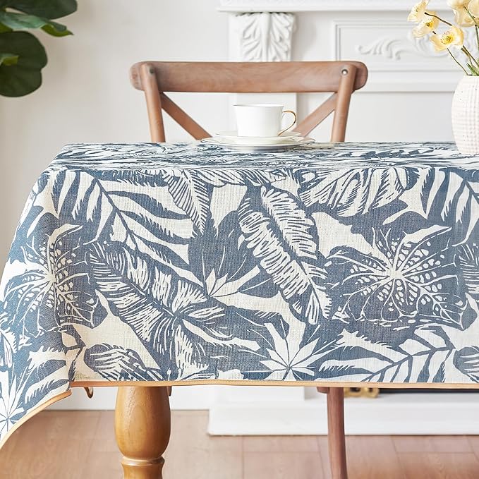 jinchan Blue Tropical Floral Linen Rectangle Table Cloth 50x84 | Large table by JINCHAN