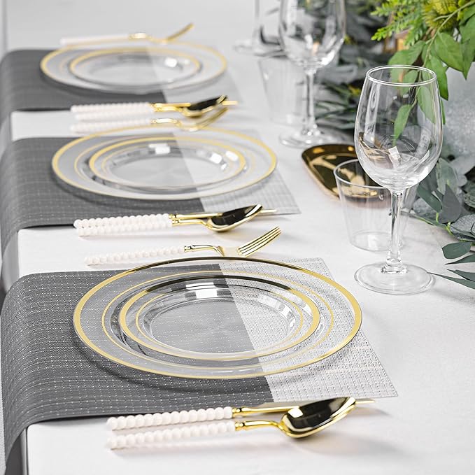200PCS Clear Plastic Plates with Gold Rim, Disposable Heavy Duty Plastic Plate, 100 Dinner and 100 Dessert Plates for Party and Wedding