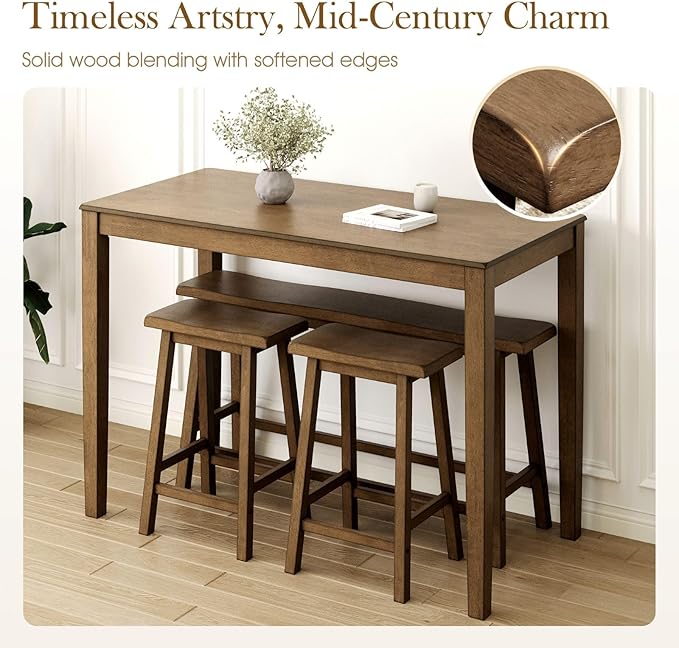 Sophia & William Dining Table Set for 4, Wooden Kitchen Table Set with Bench and 2 Chairs, Space-Saving Breakfast Dining Sets,Rustic Caramel