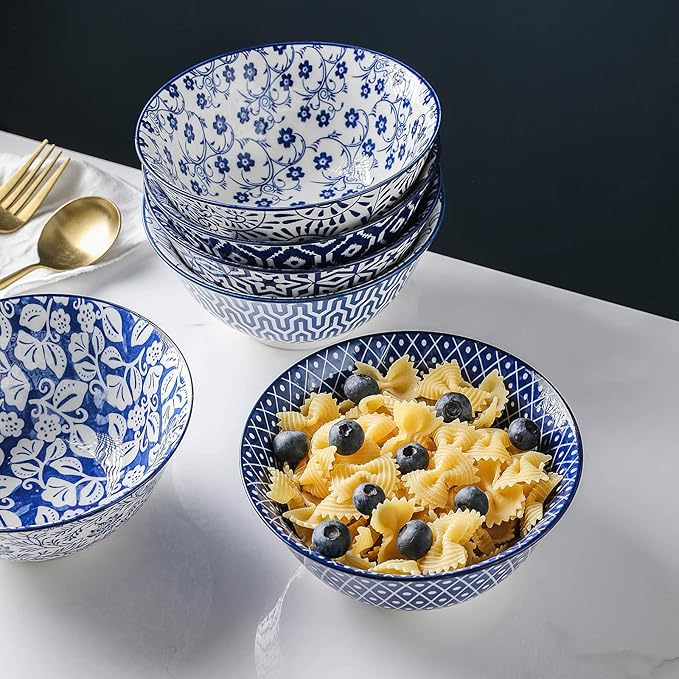 Selamica Blue and White Porcelain 20oz Cereal Bowl Set - Set of 6, 6 inch Soup Bowls, Ceramic bowls for Cereal, Soup, Salad and Pasta, Vintage Blue