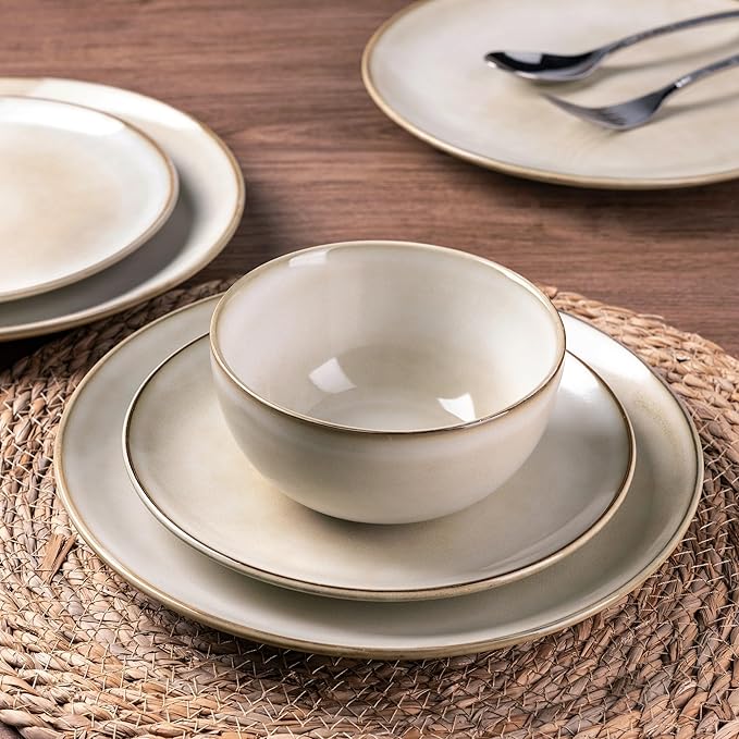 GBHOME Ceramic Dinnerware Sets for 8, 24 Pieces Stoneware Plates and Bowls Sets, Reactive Glaze Dishes -Scratch Resistant, Dishwasher&Microwave Safe-Cappuccino