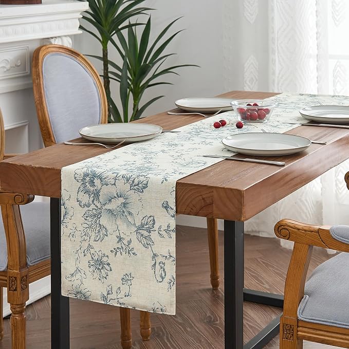 jinchan Blue Floral Linen Table Runner 13 x 108 Inch Farmhouse | Classic - Image 2