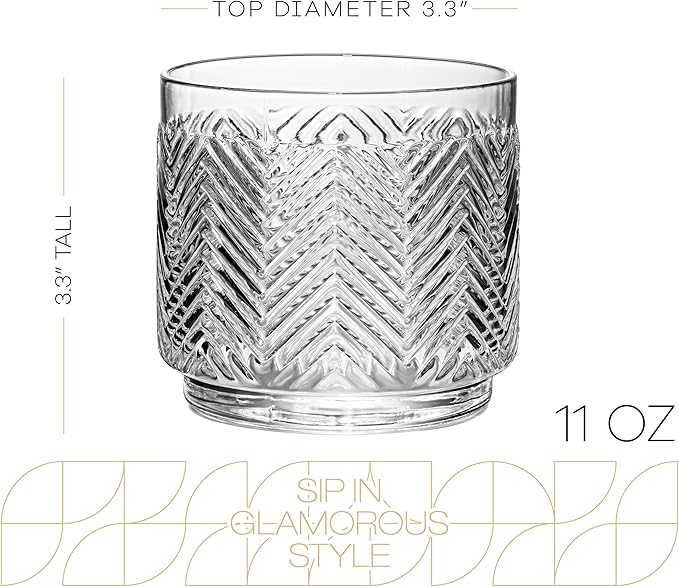 Vintage Flamingo Lowball Cocktail Glasses for Drinking Gin, Rum, Vodka, Whiskey Bar Drinks | Set of 4 | 11 oz Stackable Thick Crystal Short Tumblers | Tropical Glassware Collection