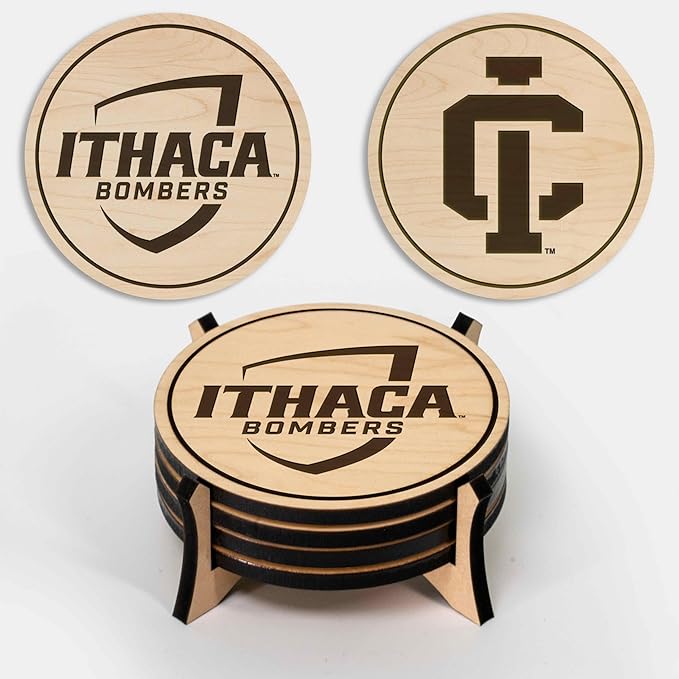 LazerEdge Ithaca Bombers Wooden Coaster Set - Maple Wood - Officially Licensed Product - 4-Pack