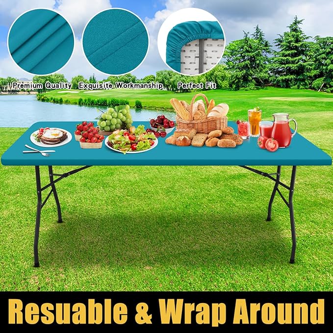 Smiry Rectangle Picnic Table Cloth, Waterproof Elastic Fitted Tablecloths for 6 Foot Tables, Washable Polyester Table Cover for Camping, Indoor and Outdoor (Teal, 30"x72")