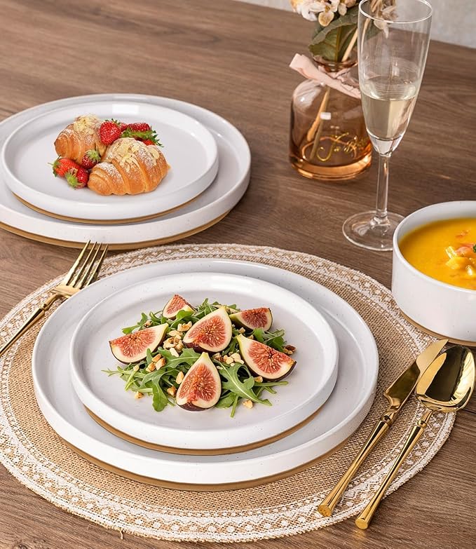 AmorArc Ceramic Dinnerware Set for 6 | Speckled Stoneware Plates and Bowls with Rustic Terracotta Underside| Scratch Resistant,Dishwasher & Microwave Safe Dishes Sets- 18pcs White