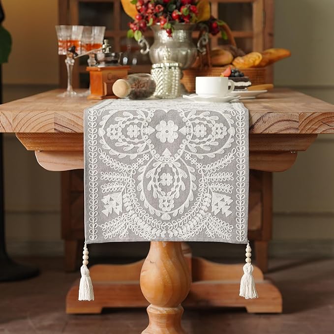 Table Runner Embroidered Boho Lace Dresser Scarf, 4 Tassel Pendants, by ARTBLOSS