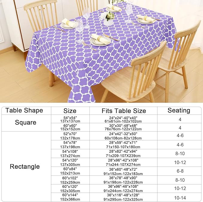 Smiry Rectangle Table Cloth, Waterproof Vinyl Tablecloth with Flannel Backing for Rectangle Tables, Wipeable Spillproof Plastic Tablecloths for Dining, Camping, Indoor and Outdoor, (52"x70", Lavender)