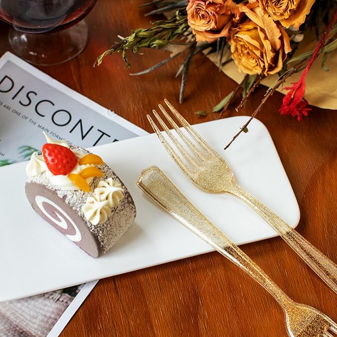 I00000 72 Pieces Plastic Dessert Plates 7.5" & 72 Pieces Gold Disposable Forks 7.4" with Gold Glitter, Gold Disposable Plates, Plastic Salad Plates for Birthday, Wedding & Party