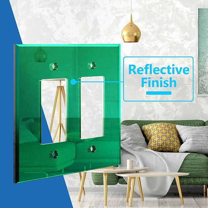 LIDER Double Decorator Wall Plate, Impact Resistant, Mirrored, Plexiglass Dual Outlet Cover or Light Switch Cover, Acrylic, Reflective Finish, Modern, Oversized 2-Gang 5.25" x 5.25", Green