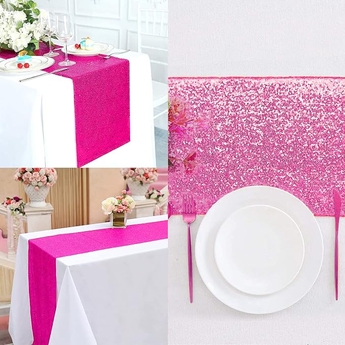 12 Packs 12 X 72 Inch Hot Pink Sequin Table Runner Glitter Dining Table Runner - Image 7