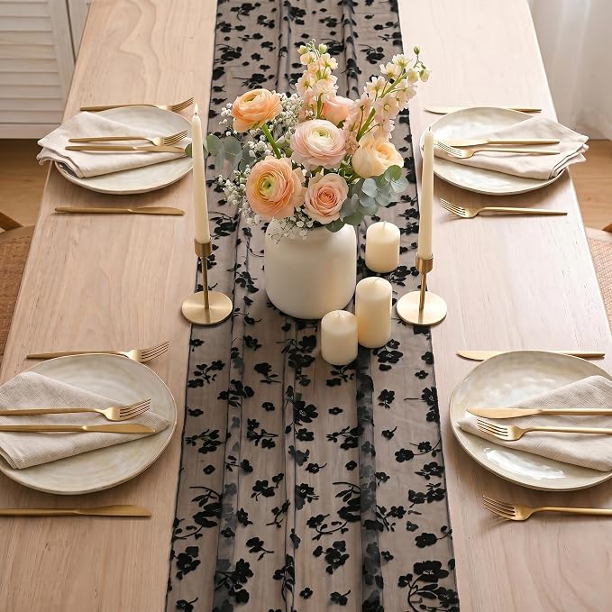 Artoid Mode Black Gauze Flocking Flowers Table Runner 10FT, Halloween Sheer - Image 3