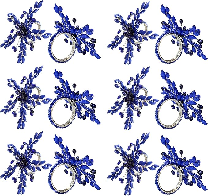 Napkin Rings Set of 12 for Dining Table Decoration Parties Everyday Metal Napkin Holder Leaf Blue (Pack of 12)