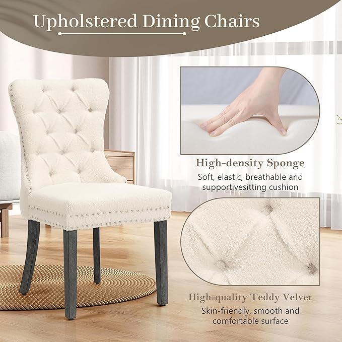 KCC Boucle Dining Chairs Set of 6, Upholstered High-end Tufted Dining Room Chair with Nailhead Back Ring Pull Trim Solid Wood Legs, Contemporary Nikki Collection Modern Style for Kitchen, Cream