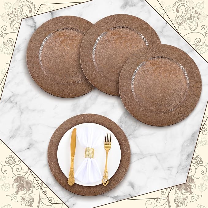 Mifoci 12 Pcs Faux Wooden Charger Plates 13 Inch Round Rustic Plastic Plates Antique Design Bulk Decorative Chargers for Dinner Tray for Wedding Dinner Table Farmhouse Party Event (Brown)