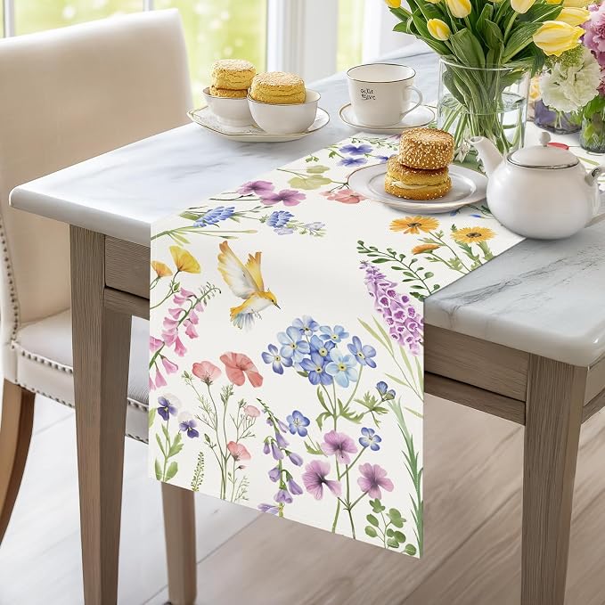 Bonhause Spring Floral Table Runner 13x90 Inch Garden Flowers Birds Leaves - Image 3