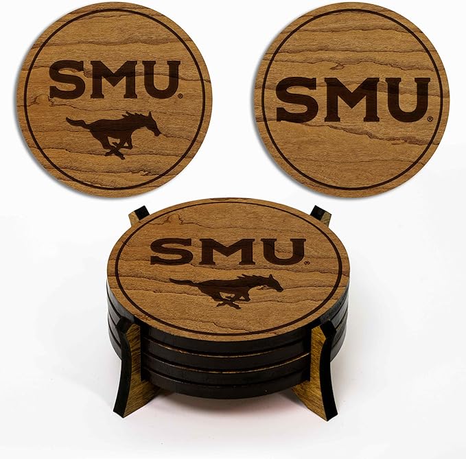 LazerEdge Southern Methodist Mustangs Wooden Coaster Set - Cherry Wood - Officially Licensed Product - 4-Pack