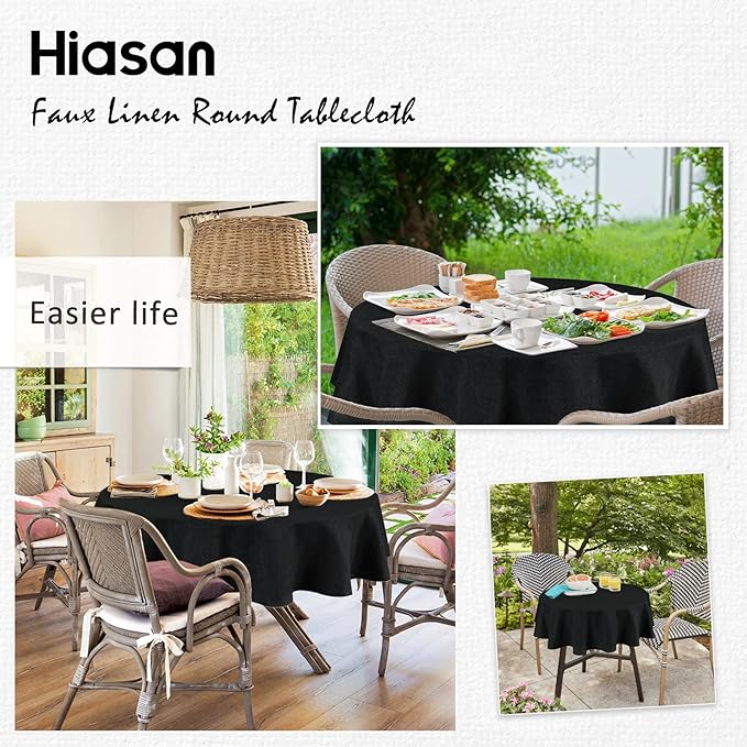 Hiasan Round Linen Tablecloth 120 Inch - Wrinkle and Stain Resistant Washable Polyester Fabric Table Cloth for Dining Room Kitchen Party, Black