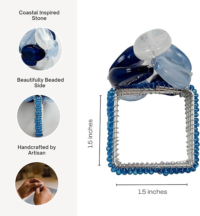 Beaded Pebble Stone Napkin Rings – Handcrafted Acrylic Holders with Natural Coastal Look – Elegant Table Decor for Modern, Ester, Spring, Wedding, or Gift - Set of 4, Blue
