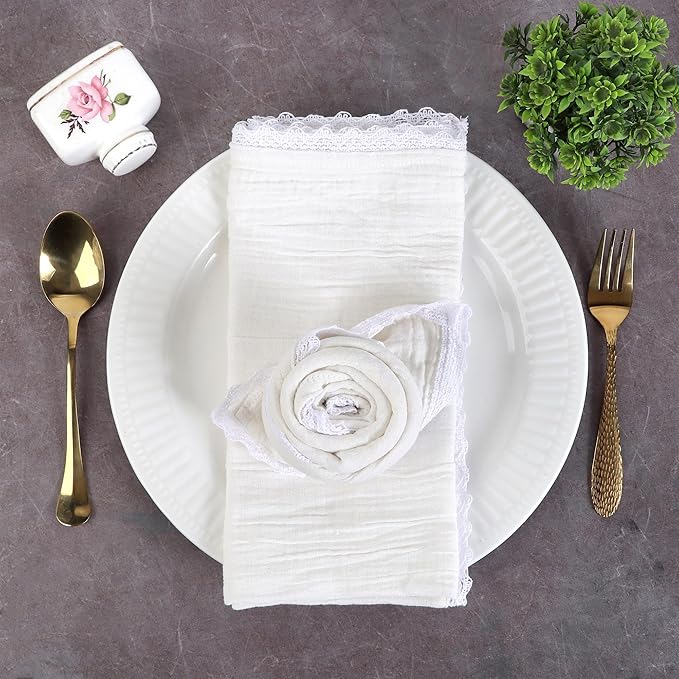 FINGERCRAFT Dinner Cloth Napkin Cotton Muslin Double Gauze 12 Pack with Classic Lace for Everyday Use, Wedding, Party, Christmas, Easter Napkins Cloth are Pre Shrunk and Good Absorbency White